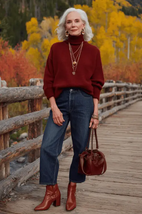 woman in her mid-60s dressed in a classic oversized soft burgundy cashmere turtleneck sweater tucked into high-waisted well-tailored straight-leg dark wash denim jean