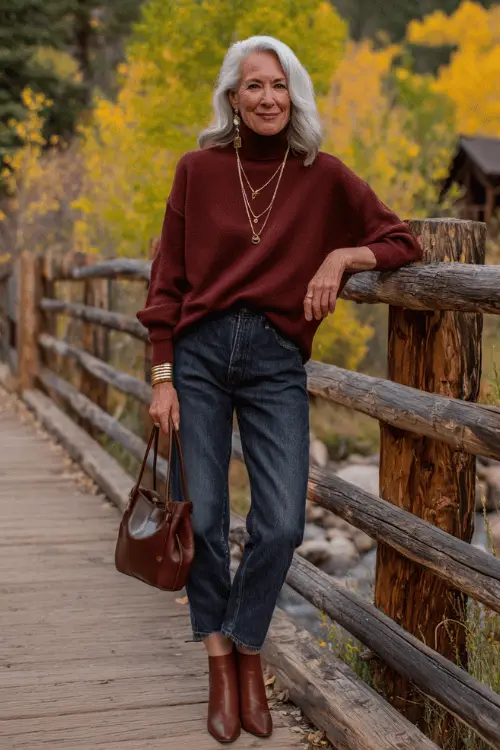 woman in her mid-60s dressed in a classic oversized soft burgundy cashmere turtleneck sweater tucked into high-waisted well-tailored straight-leg dark wash denim jeans
