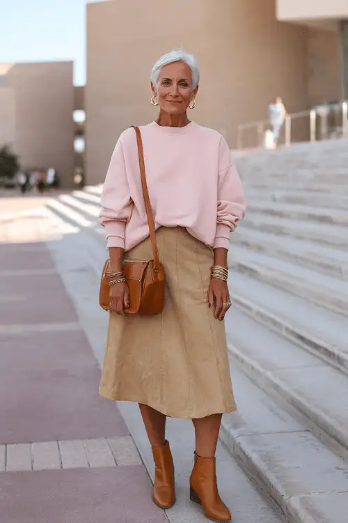 woman in her mid-60s dressed in a classic soft blush pink relaxed crewneck long-sleeve sweatshirt tucked loosely into a high-waisted A-line midi skirt in warm camel wool
