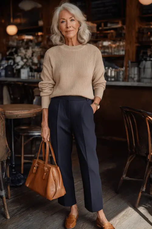 woman in her mid-60s dressed in a classic soft camel ribbed crewneck knit sweater tucked into high-waisted well-tailored straight-leg dark navy trousers 
