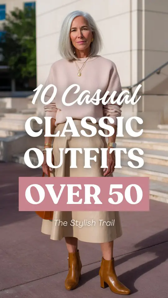 woman in over 50 wearing a casual classic outfit with a soft blush pink relaxed-fit crewneck sweatshirt tucked into a high-waisted A-line midi skirt in warm camel wool