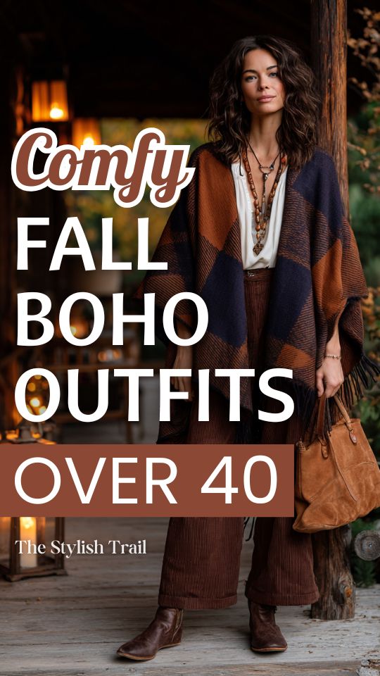 woman over 40 in a comfy fall boho outfit with a luxuriously soft oversized blanket poncho over a simple white flowy boho blouse and brown pants