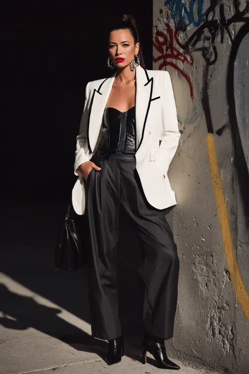 woman over 40 wearing a classic crisp white oversized blazer with edgy black contrast piping details worn over a fitted black leather corset-style top