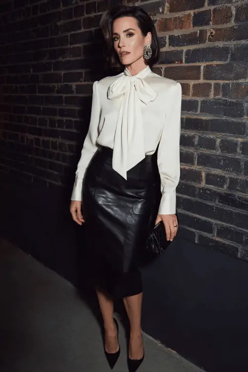 woman over 40 wearing a classic ivory silk blouse with a dramatic oversized bow tie neckline tucked into a high-waisted black leather pencil midi skirt with a subtle back kick pleat