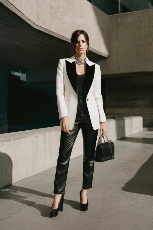 woman over 40 wearing a classic ivory structured oversized blazer with edgy black velvet contrast lapels over a fitted black leather straight-leg trouser 