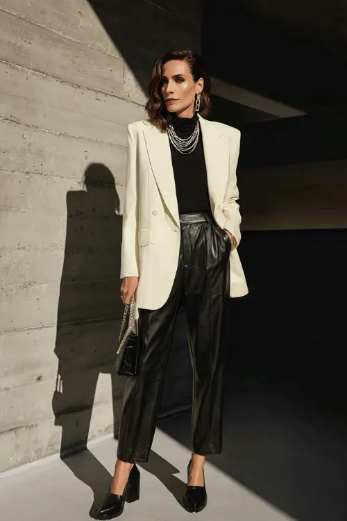 woman over 40 wearing a classic ivory structured oversized blazer with edgy black velvet contrast lapels over a fitted black leather straight-leg trouser