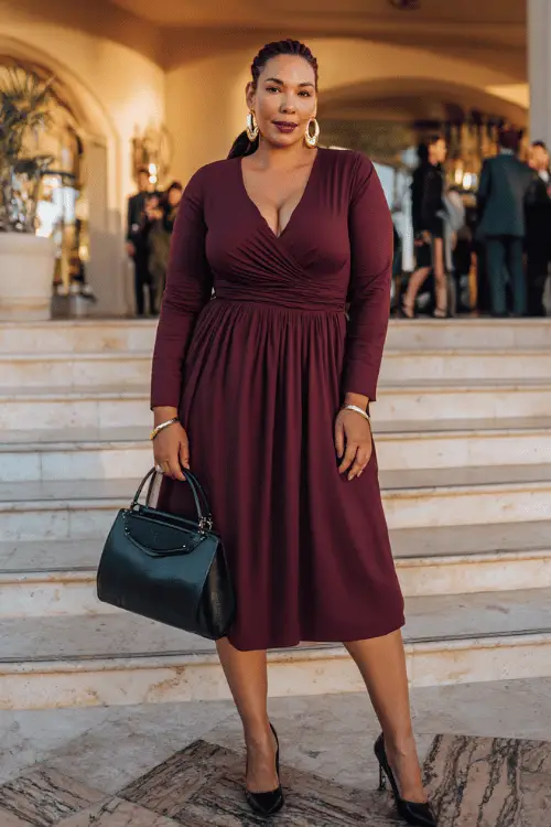 woman over 40 wearing a classic long-sleeve empire waist midi dress in rich burgundy with a modest V-neckline, delicate ruching at the bodice 