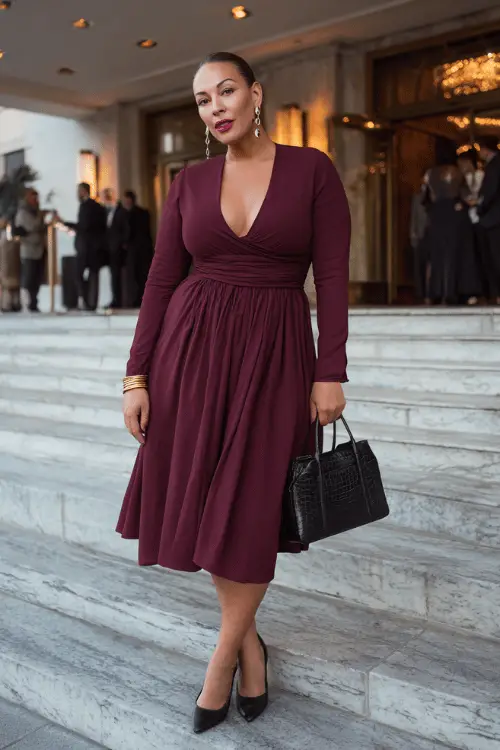 woman over 40 wearing a classic long-sleeve empire waist midi dress in rich burgundy with a modest V-neckline, delicate ruching at the bodice