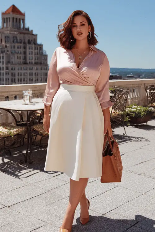 woman over 40 wearing a classic long-sleeve wrap blouse in soft blush pink silk tucked into a high-waisted A-line midi skirt