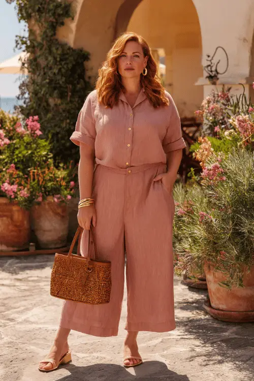 woman over 40 wearing a classic relaxed matching linen co-ord set in warm dusty rose a short-sleeve button-down shirt and wide-leg culottes 