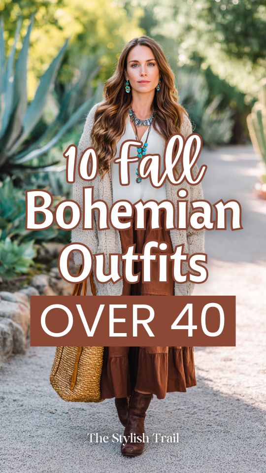 woman over 40 wears a fall boho outfit with an oversized chunky knit cardigan in warm oatmeal over a flowy white boho blouse and a tiered maxi skirt in earthy brown tones