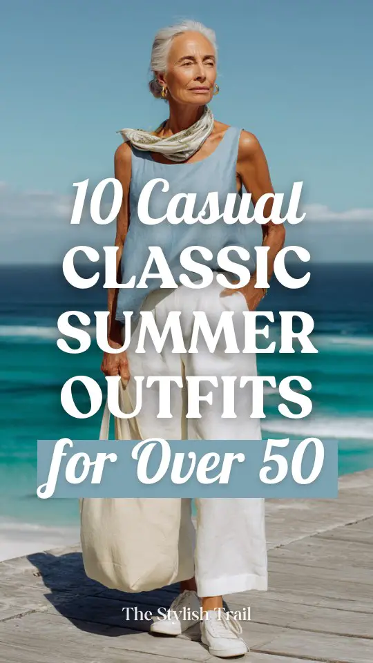 woman over 50 wearing a casual classic summer outfit with a soft sky blue sleeveless linen top tucked loosely into high-waisted straight-leg white linen trousers