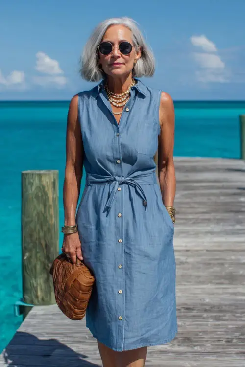 woman over 50 wearing a classic chambray blue sleeveless shirt dress with a belted waist, a modest knee-length hemline, and subtle button detailing down the front 