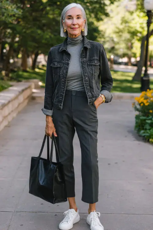 woman over 50 wearing a classic dark wash denim jacket over a soft grey fitted mock-neck long-sleeve top and well-tailored straight-leg dark charcoal trousers