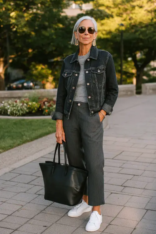 woman over 50 wearing a classic dark wash denim jacket over a soft grey fitted mock-neck long-sleeve top and well-tailored straight-leg dark charcoal trousers