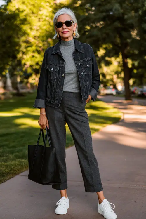 woman over 50 wearing a classic dark wash denim jacket over a soft grey fitted mock-neck long-sleeve top and well-tailored straight-leg dark charcoal trousers