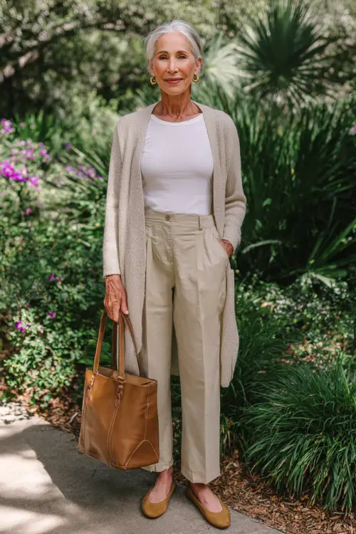 woman over 50 wearing a classic long open-front soft oatmeal cardigan layered over a fitted white linen t-shirt and high-waisted straight-leg light beige chino trousers