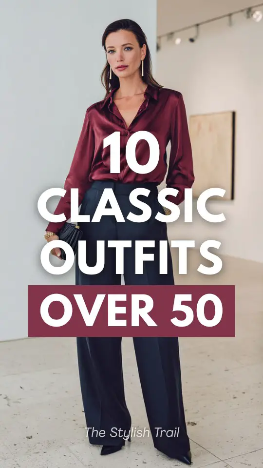 woman over 50 wearing a classic outfit wit a burgundy long-sleeve silk blouse with a relaxed drape tucked into wide-leg tailored dark navy trousers