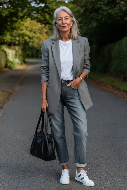 woman over 50 wearing a classic oversized soft grey blazer over a fitted white crew-neck t-shirt and well-fitted medium-wash straight-leg denim jeans 