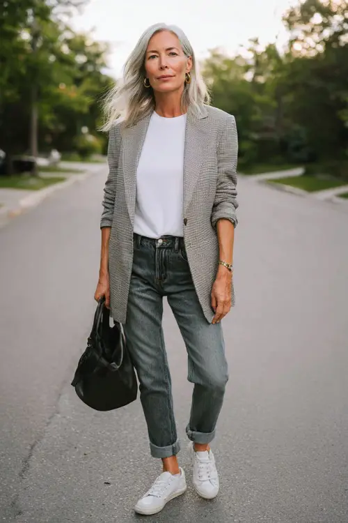 woman over 50 wearing a classic oversized soft grey blazer over a fitted white crew-neck t-shirt and well-fitted medium-wash straight-leg denim jeans