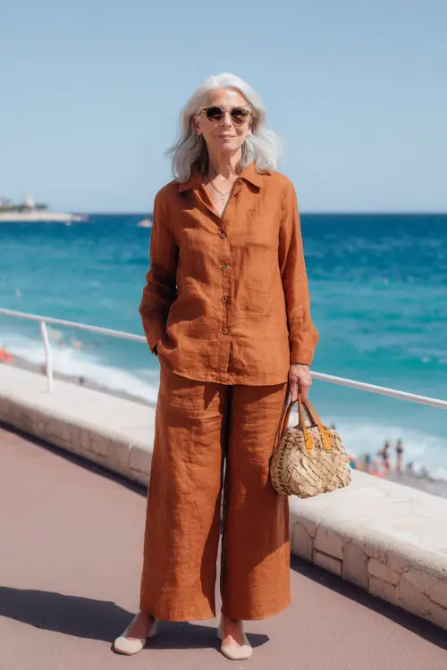 woman over 50 wearing a classic relaxed linen co-ord set in warm terracotta a long-sleeve button-down shirt and wide-leg trousers 