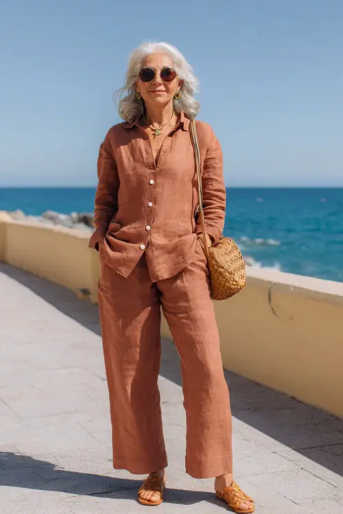 woman over 50 wearing a classic relaxed linen co-ord set in warm terracotta a long-sleeve button-down shirt and wide-leg trousers