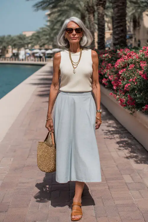 woman over 50 wearing a classic relaxed sleeveless ribbed knit top in soft ivory tucked into a high-waisted A-line midi skirt in light chambray blue