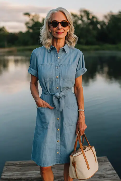 woman over 50 wearing a classic short-sleeve chambray shirt dress in soft light blue with a relaxed fit, a modest knee-length hemline, and a casual self-tie fabric belt