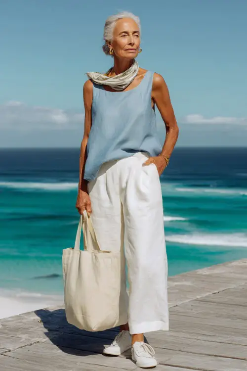 woman over 50 wearing a classic soft sky blue sleeveless linen top tucked loosely into high-waisted straight-leg white linen trousers 
