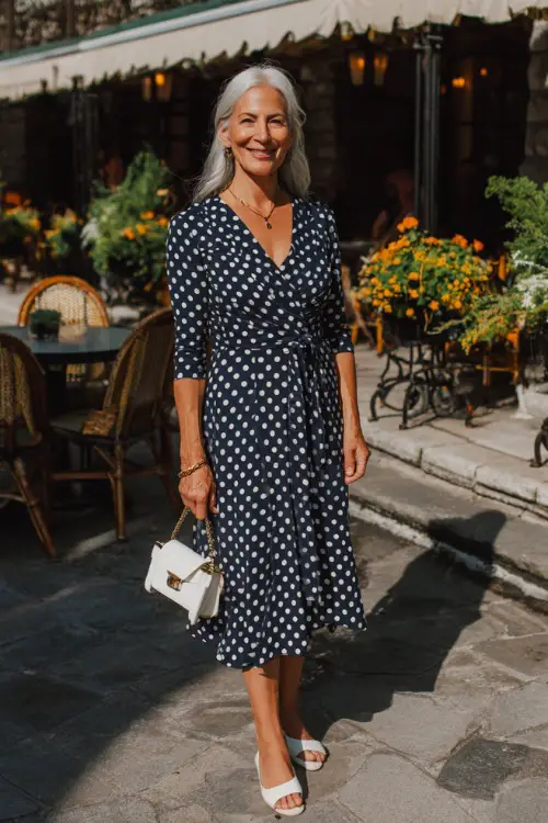 woman over 50 wearing a classic three-quarter sleeve fit-and-flare midi dress in a timeless navy and white polka dot print with a modest V-neckline and a nipped waist