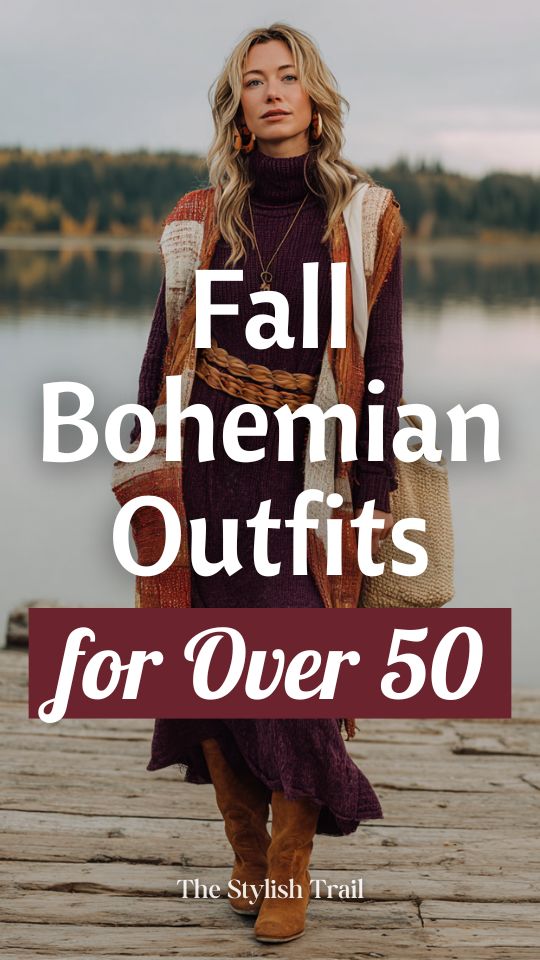 woman over 50 wears a fall boho outfit with a cozy deep plum knit maxi dress with a relaxed turtleneck and long sleeves, a thick braided suede belt, a long open-front patchwork boho vest