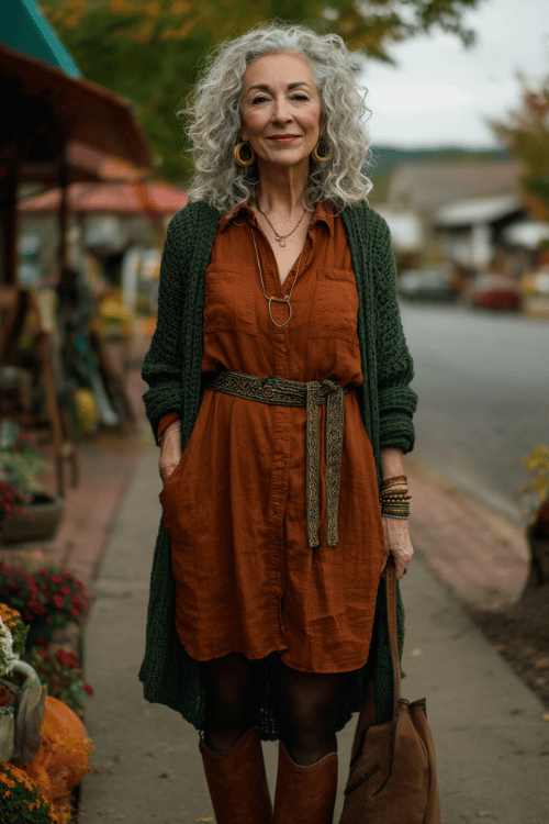 woman over 50 with natural gray curly hair wearing a relaxed rust-colored linen shirt dress belted at the waist with a braided leather belt, opaque dark tights, a long open-front boho cardigan