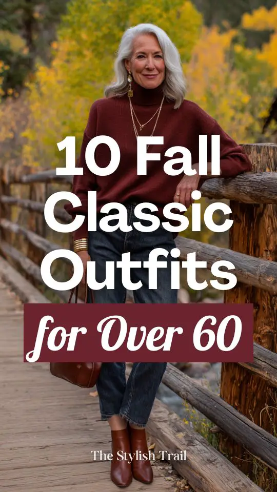 woman over 60 dressed in a classic fall outfit with a soft burgundy cashmere turtleneck sweater tucked into high-waisted well-tailored straight-leg dark wash denim jeans