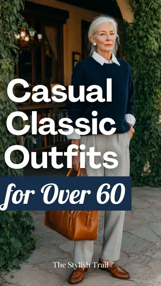 woman over 60 wearing a classic casual outfit with a soft navy blue crewneck cashmere sweater layered gracefully over a crisp white collared shirt