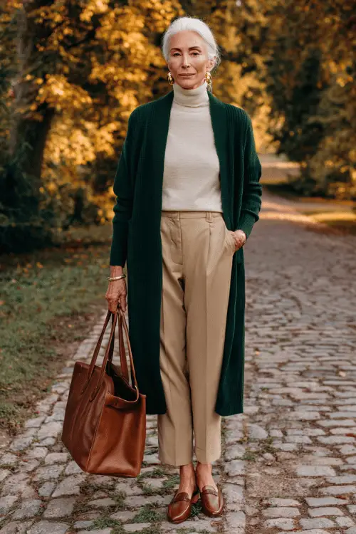 woman over 60 wearing a classic long open-front deep forest green wool cardigan layered over a fitted soft cream ribbed turtleneck and high-waisted tailored straight-leg camel trousers 