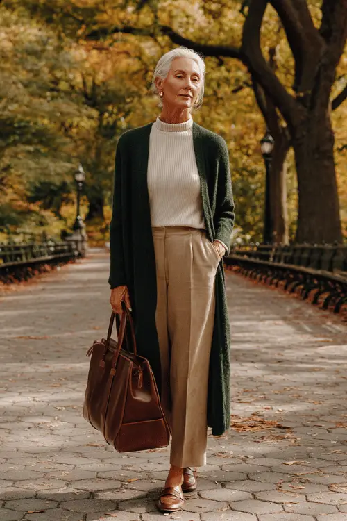 woman over 60 wearing a classic long open-front deep forest green wool cardigan layered over a fitted soft cream ribbed turtleneck and high-waisted tailored straight-leg camel trousers