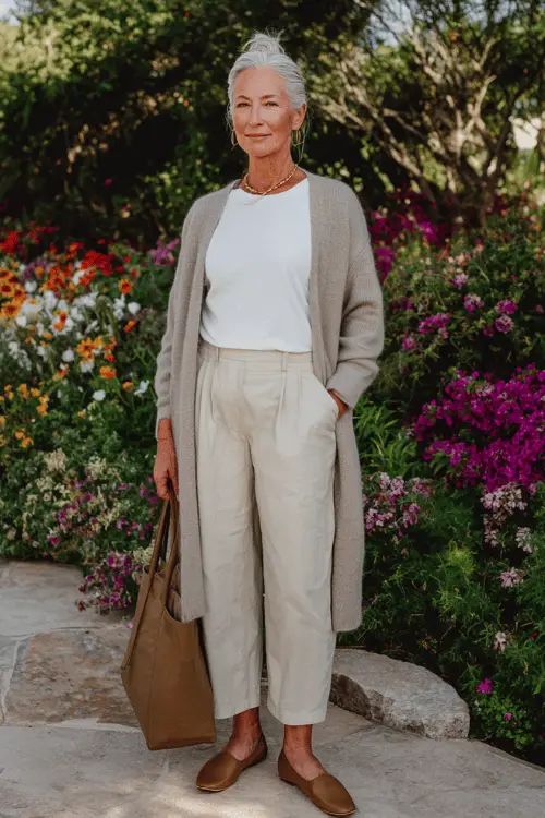 woman over 60 wearing a classic long open-front soft oatmeal cashmere cardigan layered over a fitted white linen crew-neck t-shirt and high-waisted straight-leg beige chino trousers 