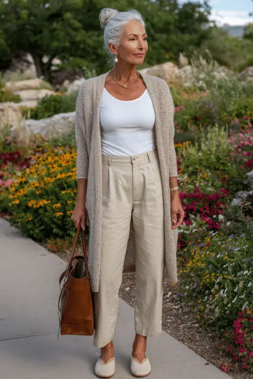 woman over 60 wearing a classic long open-front soft oatmeal cashmere cardigan layered over a fitted white linen crew-neck t-shirt and high-waisted straight-leg beige chino trousers