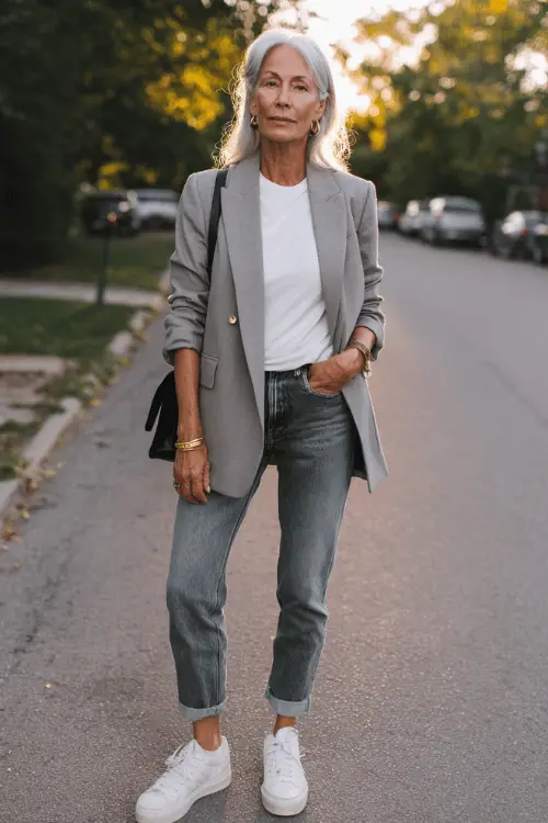 woman over 60 wearing a classic oversized soft grey blazer worn open over a fitted white crew-neck long-sleeve t-shirt and well-fitted straight-leg medium-wash denim jeans 