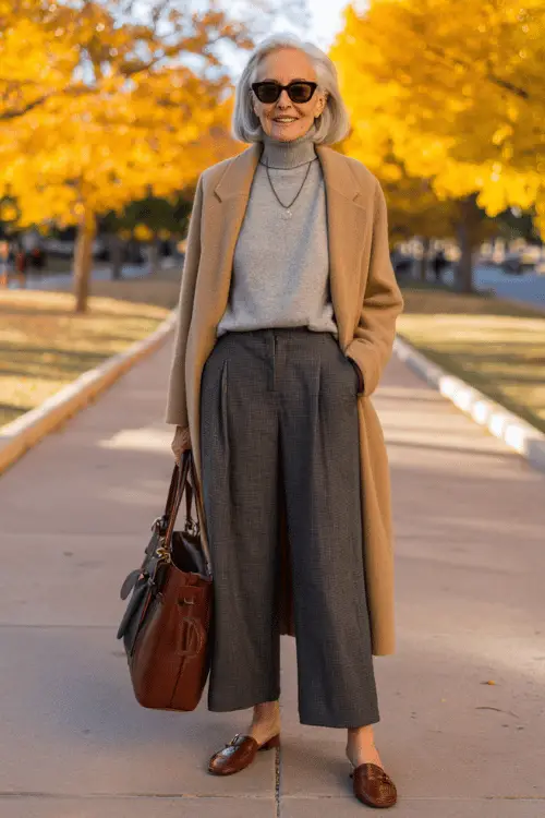woman over 60 wearing a classic relaxed-fit camel wool longline coat worn open over a soft grey fitted mock-neck sweater and well-tailored wide-leg dark charcoal trousers