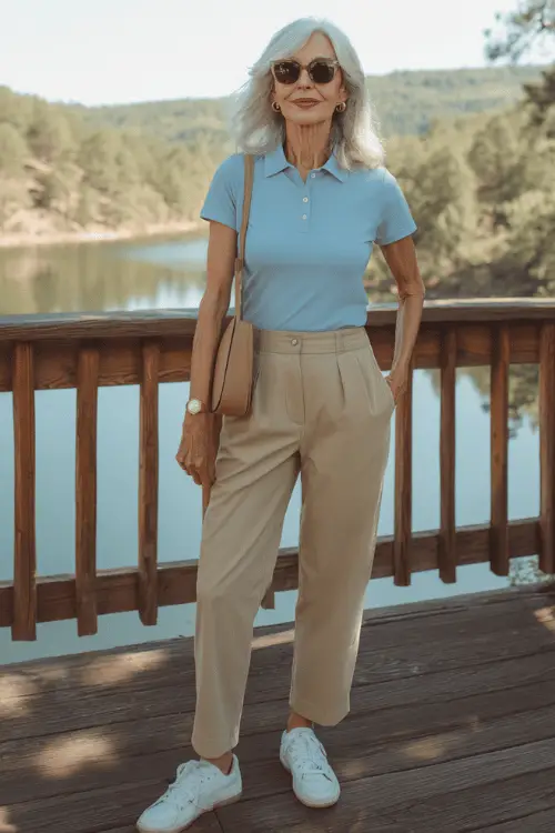 woman over 60 wearing a classic relaxed-fit short-sleeve polo shirt in soft sky blue tucked neatly into high-waisted tailored straight-leg khaki chino trouser