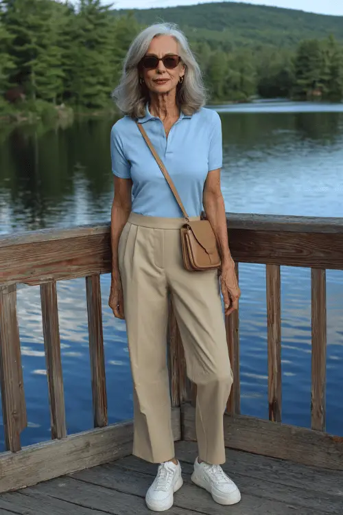 woman over 60 wearing a classic relaxed-fit short-sleeve polo shirt in soft sky blue tucked neatly into high-waisted tailored straight-leg khaki chino trousers