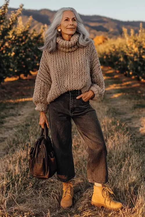 woman over 60 wearing a classic relaxed oversized chunky knit sweater in warm oatmeal tone with a cozy wide turtleneck over high-waisted tailored straight-leg dark wash jeans 