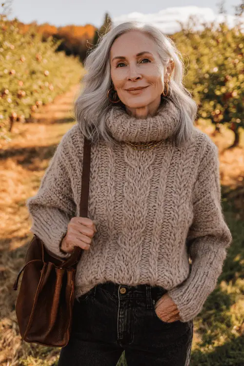 woman over 60 wearing a classic relaxed oversized chunky knit sweater in warm oatmeal tone with a cozy wide turtleneck over high-waisted tailored straight-leg dark wash jeans