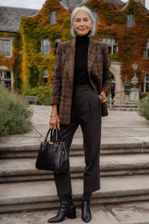 woman over 60 wearing a classic tailored plaid blazer in warm tartan tones of deep red, forest green, and camel over a fitted black turtleneck and high-waisted straight-leg dark charcoal trousers