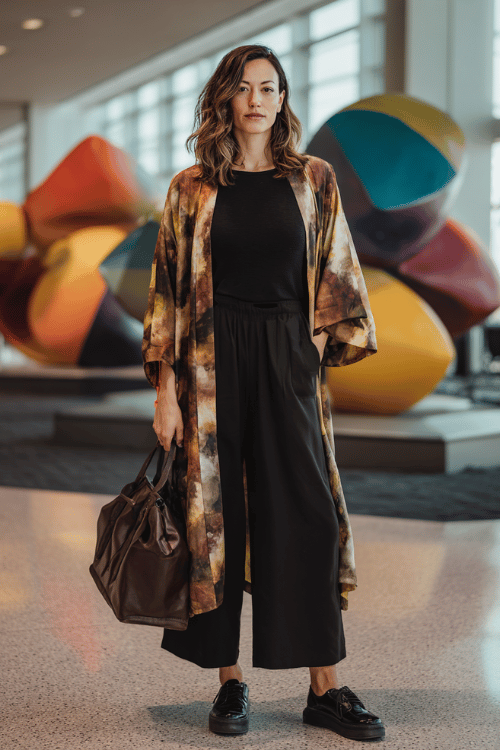 woman wearing a bold printed loose kimono jacket in warm earthy abstract tones over a simple fitted black long-sleeve top and relaxed straight-leg black jersey pants 