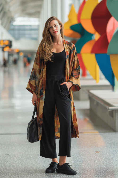 woman wearing a bold printed loose kimono jacket in warm earthy abstract tones over a simple fitted black long-sleeve top and relaxed straight-leg black jersey pants