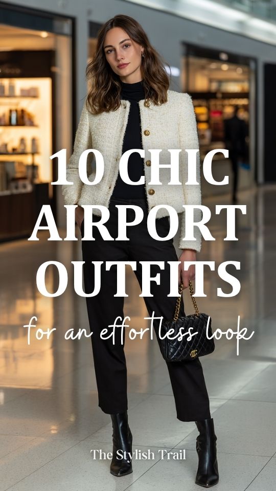 woman wearing a chic airport outfit with a collarless bouclé jacket in soft cream with gold button details over a fitted black turtleneck and tailored slim-fit black trousers