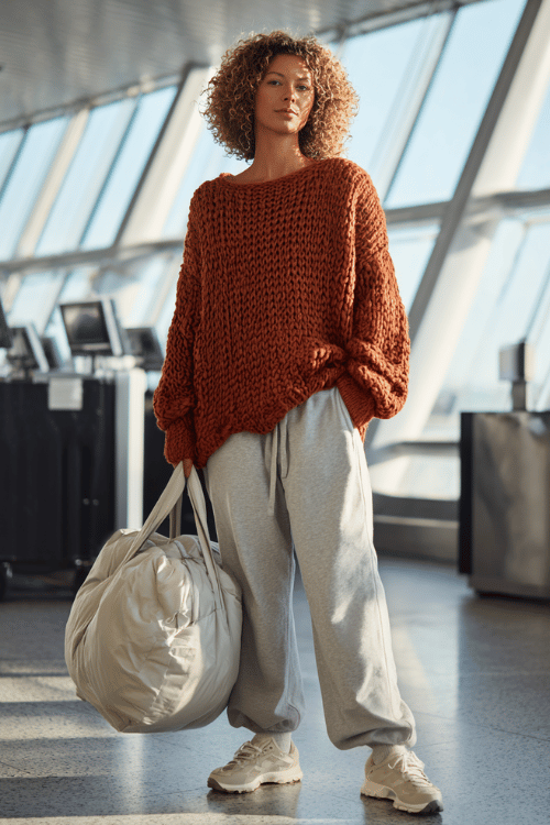 woman wearing a chunky knit oversized sweater in warm rust over relaxed straight-leg sweatpants in soft grey, with slip-on platform sneakers and a large puffer duffle bag 