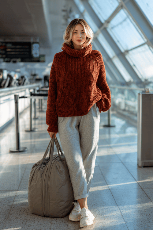 woman wearing a chunky knit oversized sweater in warm rust over relaxed straight-leg sweatpants in soft grey, with slip-on platform sneakers and a large puffer duffle bag